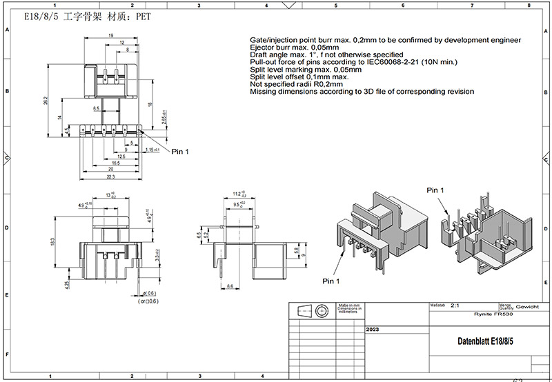 E18/8/5卧式工字2+6pin骨架